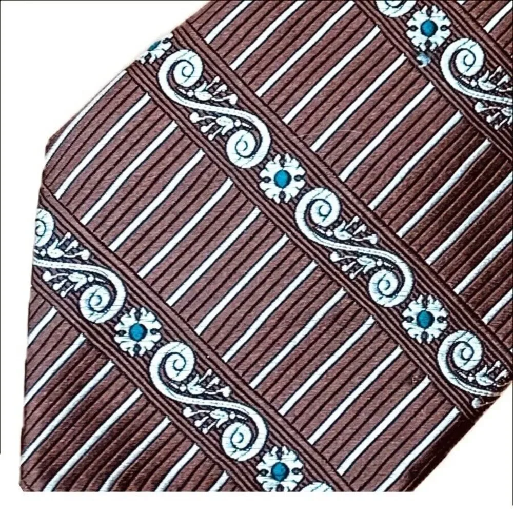 Pierre Cardin Silk Tie Brown Beige Green‎ Scroll Stripe Geometric Print Necktie